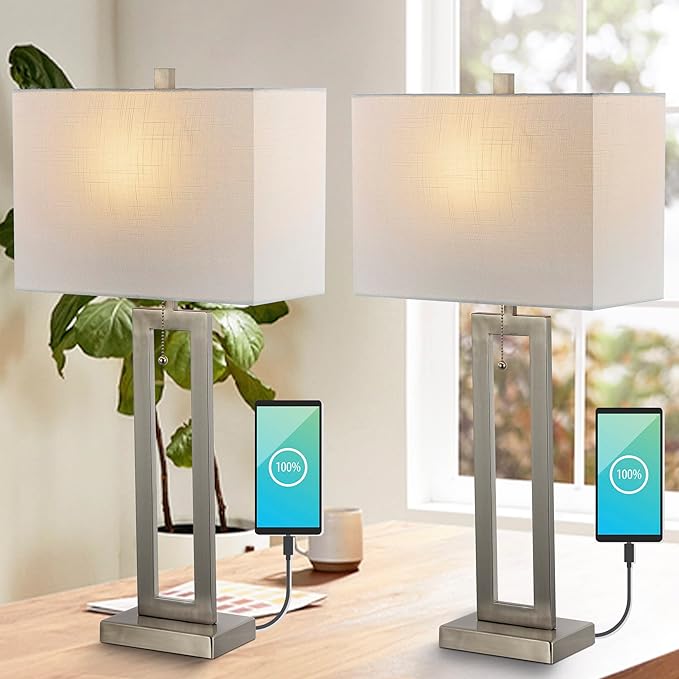 JONATHAN Y JYL1126B-SET2 Sabrina 28.5" Vintage Industrial Iron LED Table Lamp with Pull-Chain and USB Charging Port Mid-Century, Minimalist Bedside Desk Nightstand Lamp, Nickel (Set of 2)