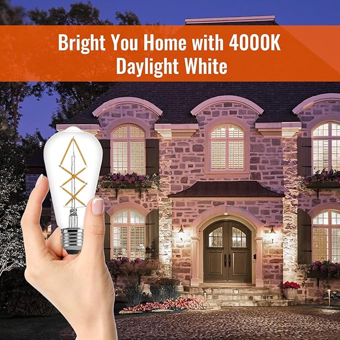 OMED Fishbone Filament LED Edison Bulbs, ST64 E26 Dimmable Vintage Light Bulbs, 60 Watt Equivalent, 4000K Daylight White Teardrop Light Bulbs for Dining Room and Island Kitchen, 600 Lumen, 6 Pack