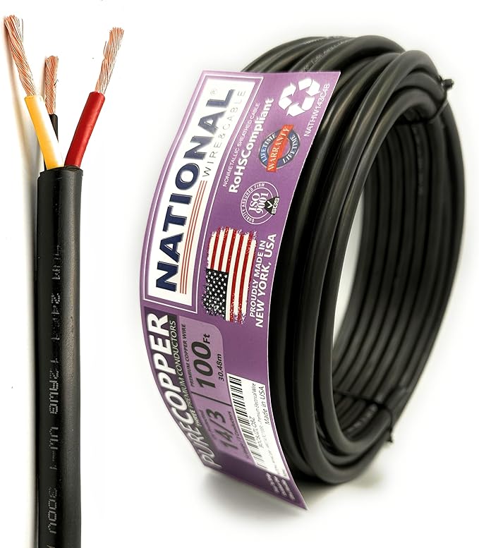 NATIONAL Wire & Cable – 14 AWG 3-Conductor Premium Copper Wire, 100 ft, Stranded | Made in USA, Heavy-Duty Flexible Jacket | Automotive, Low Voltage, LED, Lights, DIY, Indoor and Outdoor Use