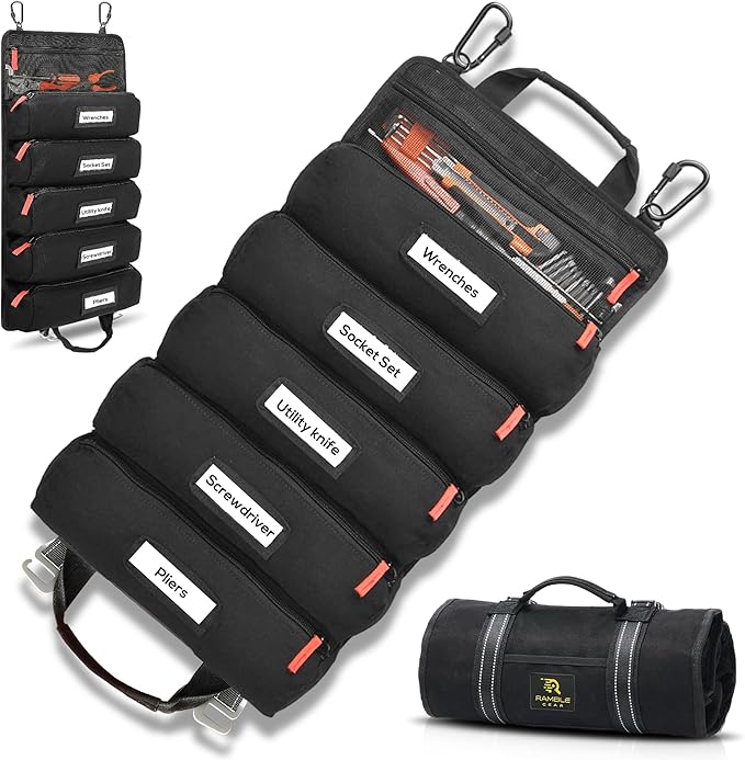 Roll up tool bag organizer with Carabiners - 5 Large Oversized Pockets with Labels-Tool roll bag organizer - Canvas foldable tool Bag organizer | Tool organizer bag for Mechanic, Electrician & more