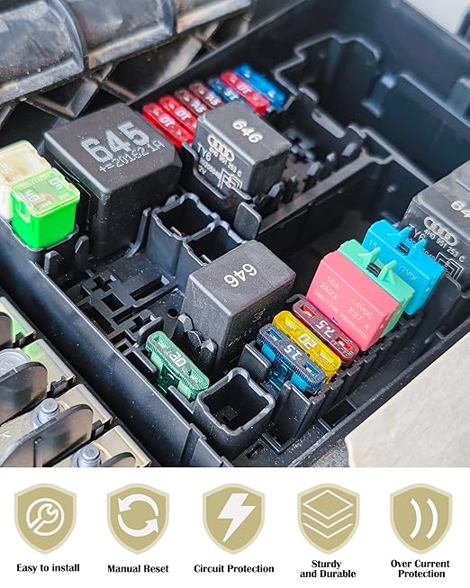 Standard Blade Car Fuse 5A Resettable Automotive Fuse ATC ATO Manual Reset Fuses Manual-Reset Blade Circuit Breaker for Boat Truck SUV Motorcycle 32VDC Fuses Assortment Kit