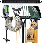 StoreYourBoard Wall-Mounted Rack With 4 Garage Hooks – Heavy-Duty Steel Holder Garage & Garden Storage for Shed, Workshop, or Home Organization – For Rakes, Shovels, Tools & More – 2 Pack, Black