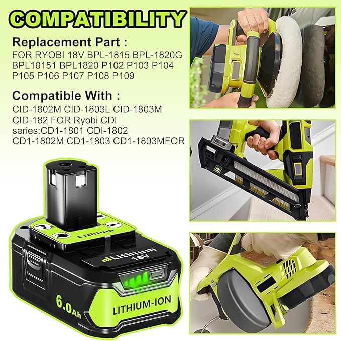 Replacement for Ryobi 18V Battery: 2 Pack 6.0Ah for Ryobi Lithium 18v Battery P108 P102 P107 P109 Cordless Power Tools Fits Craft Creator