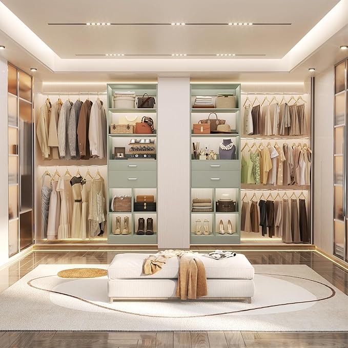 Closet System, 4-8 FT Closet Organizer Tower with 2 Wooden Drawers and Shelves, Can Fit 60 to 96 inch Walk-in Closet System with 5 Hang Rods, Built-in, Crab Green