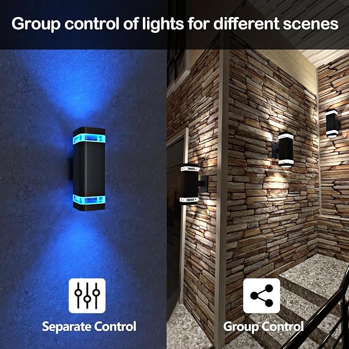 wowlite Smart Up and Down Lights Outdoor 2 Pack, RGBCW Exterior Lighting Fixtures WiFi App Control 2700K-6500K Ambience Wall Sconce Light Color Changing, Black Exterior Lights for House Porch Patio