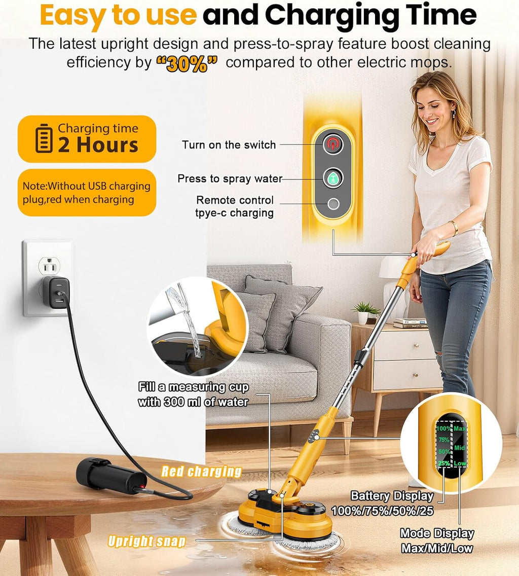 qimedo M2 Electric Mop with 5000mAh Battery,800RPM Cordless Mops for Floor Cleaning,Best Automatic Spin Mops with Smart Display,Upright Rotating Power Mop with LED Light & Water Spray