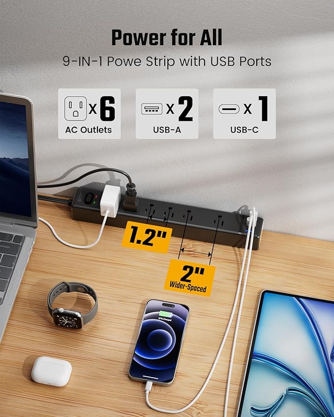 SUPERDANNY Flat Plug Surge Protector Power Strip, 6ft Ultra Thin Extension Cord with 3 USB (1 USB C Port), 6 Outlets Charging Station, Wall Mountable Outlet Extender for Home Office, College Dorm Room