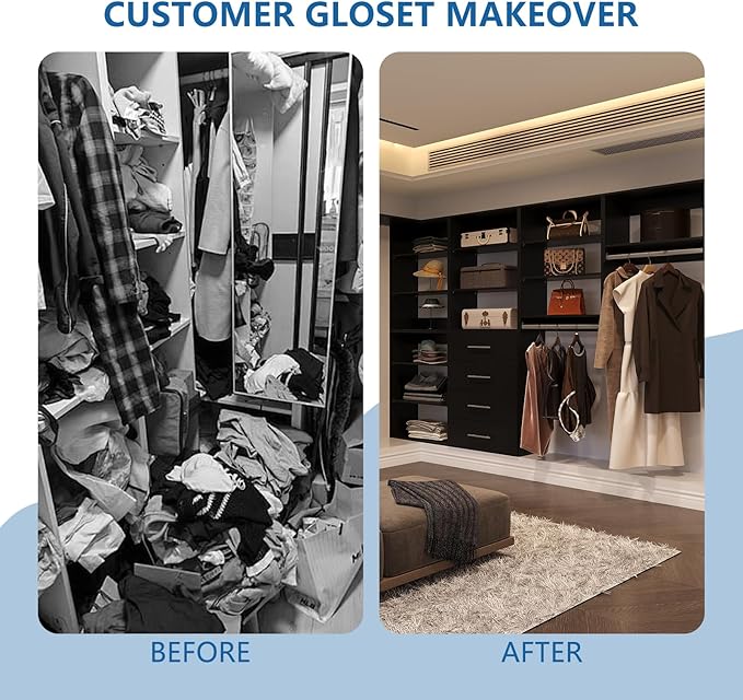 Modular Closet System, 46" Wide Closet Organizer System with Towers and Hanging, Wood Closet Tower Storage for Walk In Closets, Wall Mounted Wardrobe Organizer Kit System, Bedroom, Black