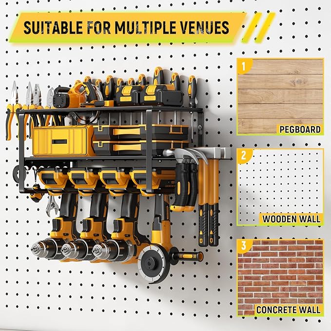 Power Tool Organizer Wall Mount - 200Lbs Load 3 Layers Storage Rack with 4 Drill Holders for Drills Cordless Tools. Heavy Duty Iron Garage Tool Organizer Storage for Workshop Shed Pegboard Basement