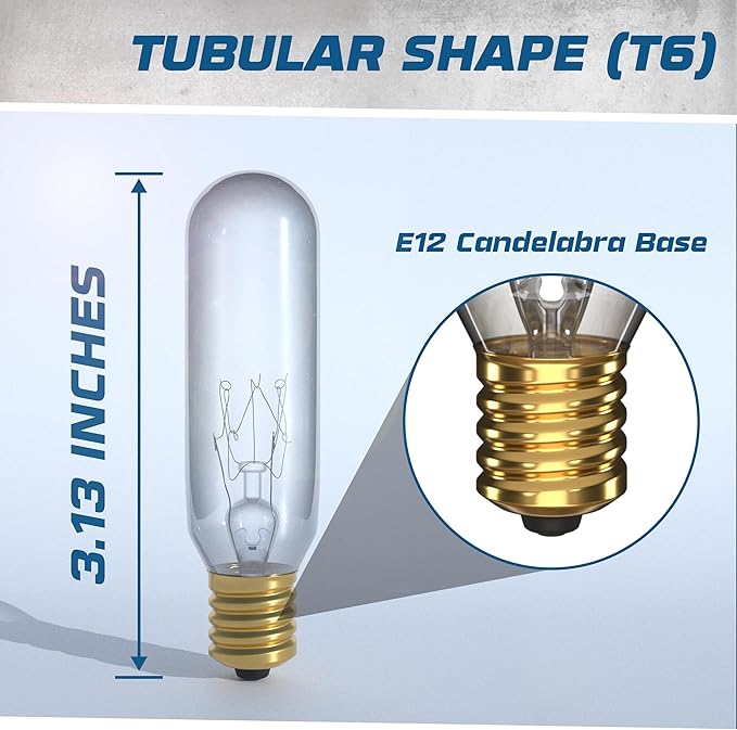 T6 Tubular Incandescent Light Bulb | 25W Clear Dimmable with E12 Candelabra Base, 180 Lumens Brightness | 2700K Warm White Light | Pack of 24
