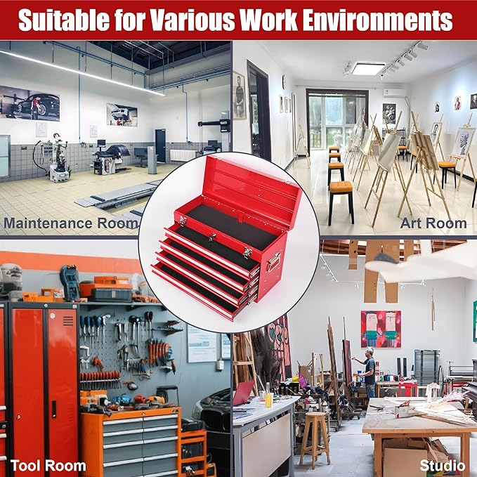 4 Drawers Metal Tool Box, 21" Portable Steel Tool Chest w/Key Lock & Latch Closure, Multi-Function Top Storage Tray Toolbox w/Powder Coating & Ball Bearing Slides for Garage & Workshop (Red)