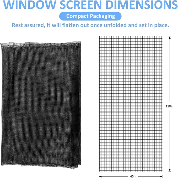 40"x118" Window Screen Mesh, Fiberglass Window Screen, Screen Door Mesh, Windows Screens and Screen Door Replacement, Patio Screen Mesh- Black