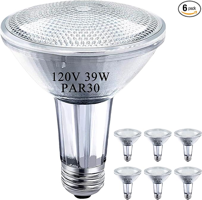 PAR30 Long Neck Halogen Bulbs, 120V 39W PAR30 Flood Light Bulb, Dimmable, E26 Medium Base, 2700K Warm Lighting, 3000 Hours for Recessed Light Bulb, 6 Pack