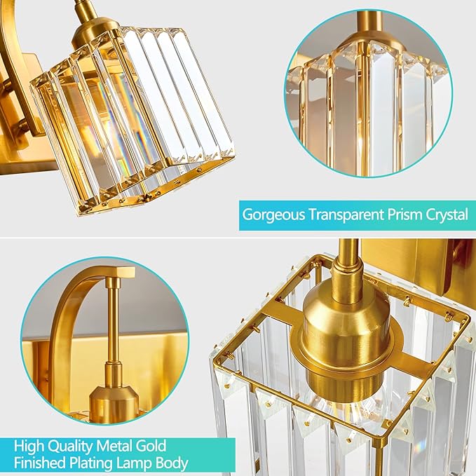 Crystal Vanity Lights 3-Light Gold Bathroom Vanity Lights Modern Crystal Bathroom Light Fixtures Over Mirror 23.62" Long Vanity Light for Bathroom