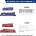 WORKPRO Magnetic Socket Organizer Set, 4-Piece Socket Holder Set Includes 1/4", 3/8" Drive Metric & SAE Socket Trays, Holds 108 Pieces Standard and Deep Size Sockets (Sockets not Included)