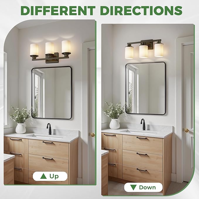 DORESshop 17 Inch Bathroom Light Fixtures, 3-Light Black Bathroom Vanity Light Over Mirror with Milk Glass Shade, Vanity Lights for Living Room Bedroom