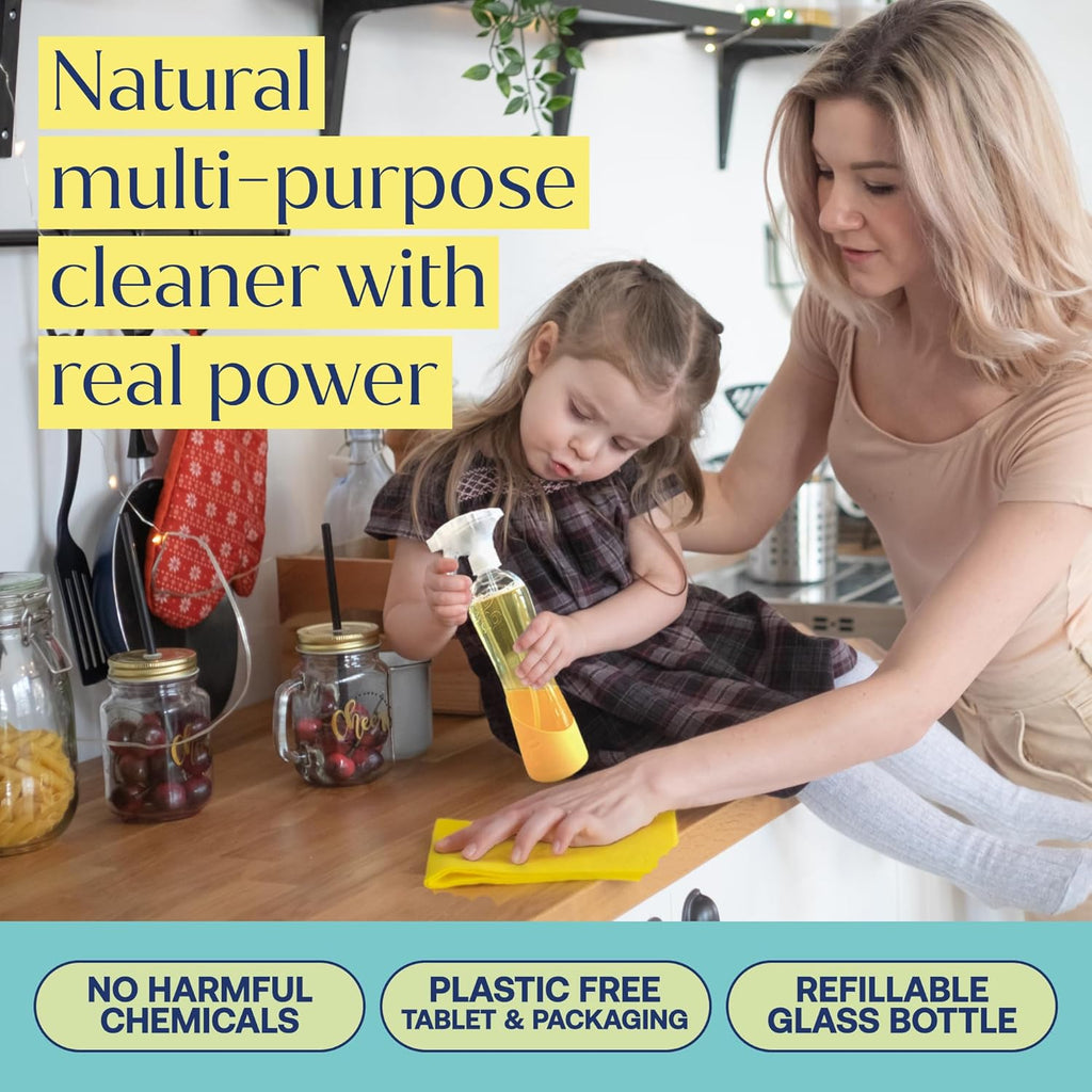 Fab Tab Multi Purpose Cleaner Cleaning Tablets, Eco-Concious Refillable Glass Bottle System with Boutique Hotel Scent, Safe For Family and Pets - Chemical-Free, Plastic-Free - 3 Count