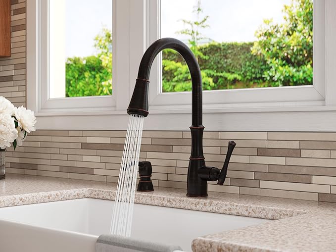 Pfister Wheaton Kitchen Faucet with Pull Down Sprayer and Soap Dispenser, Single Handle, High Arc, Tuscan Bronze Finish, F5297WHY