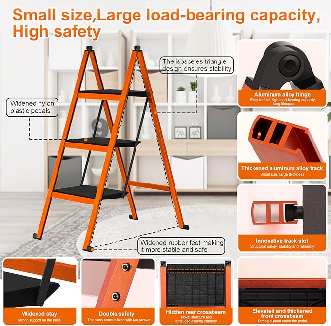 3 Step Ladder,Aluminum Ultra Thin Folding Step Stool,400 Lbs Capacity Heavy Duty with Anti-Slip Sturdy and Wide Tread,Closet Slim Step for Home,Kitchen and Office,Space Saving (Orange, 3-Step)