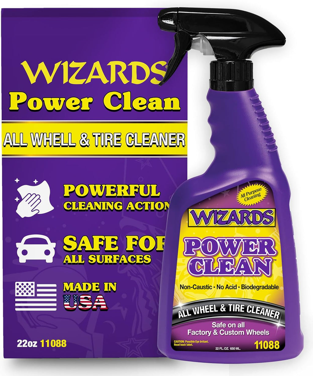 Wizards Power Clean Wheel and Tire Cleaner - Non Caustic and No Acid Biodegradable Interior Car Cleaner - Safe on All Kinds of Wheels - Dissolves Grease, Brake Dust and Road Grime - 22 oz