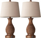 PARTPHONER Table Lamps Set of 2, Bedside Touch Lamp with USB C+A Charging Ports, Side Table Lamp with Linen Fabric Shade (LED Bulbs Included), Wood