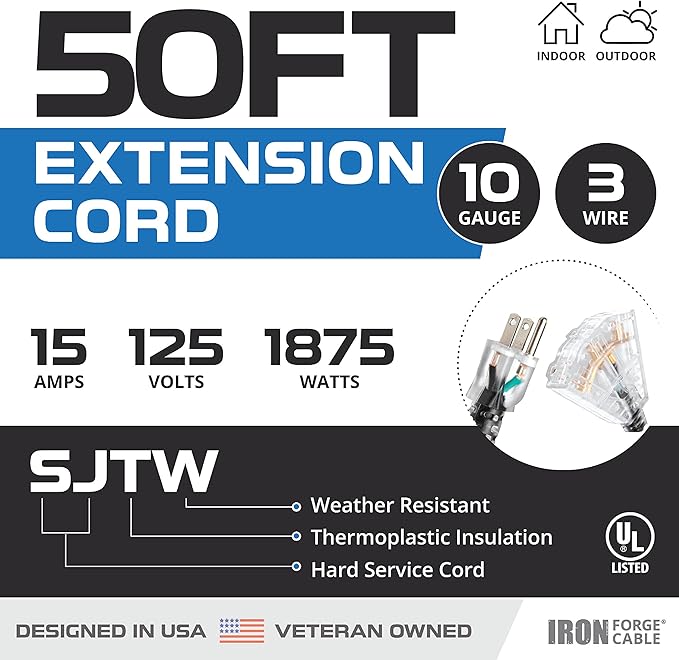 Iron Forge Cable 10 Gauge Extension Cord 50 ft with 3 Outlets, SJTW 10/3 Heavy Duty Outdoor Extension Cord with Multiple Outlets, 3 Way Black Electrical Wire for Major Appliance & Air Conditioner
