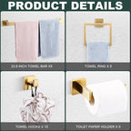 Gisafai 25 Pcs Bathroom Hardware Accessories Set 23.6 Inch Bath Towel Bar Kit Stainless Steel Bathroom Hardware Set Towel Racks Ring Hooks Paper Holder for Wall Mounted (Gold)