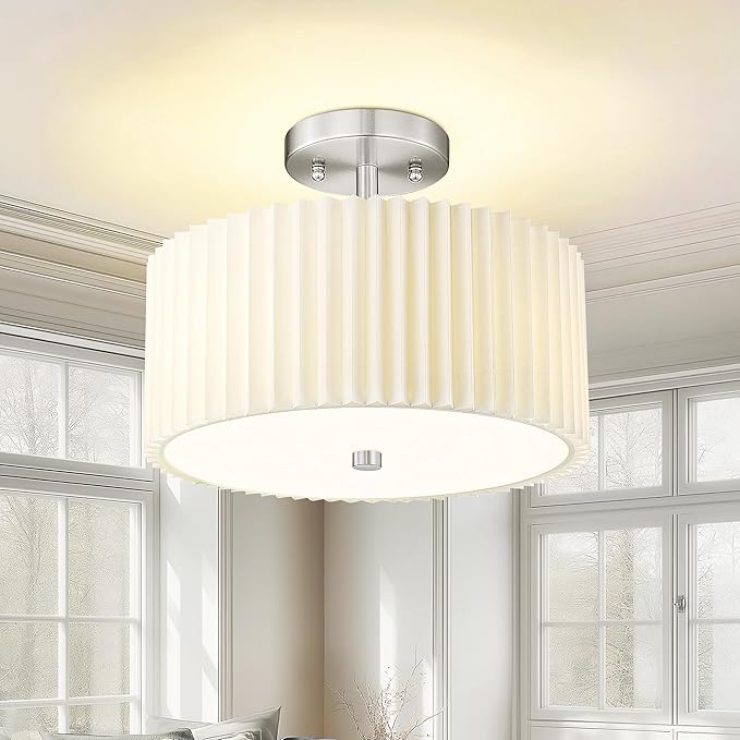 Semi Flush Mount Ceiling Light, 3-Light 12.5" Ceiling Light Fixture with White Pleated Fabric Shade, Brushed Nickel Drum Lamp for Nursery Hallway Bedroom Kitchen, AD-25036-3SF-SN