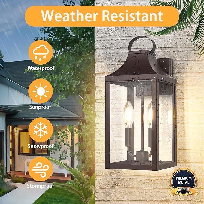 15" Dusk to Dawn Outdoor Wall Lantern 2-Light, Outside Modern Wall Sconce Light Fixture, Industrial Porch Light Wall Mount with E12 Sockets, Waterproof Exterior Lamp Lighting, Brown