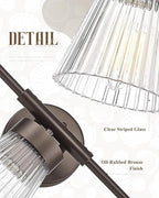 Bathroom Vanity Light Fixture, HWH 3-Light Farmhouse Vanity Lights Over Mirror Bathroom Lighting Fixtures with Clear Striped Glass Shade, Oil-Rubbed Bronze Finish, 5HZG97B-3W ORB