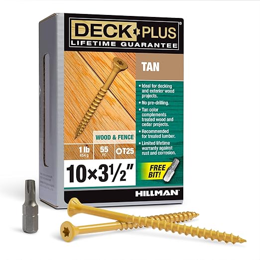 Deck Plus 3-1/2 Inch Epoxy Coated Exterior Wood and Fence Screws #10 x 3-1/2" Torx/Star Drive Included Coarse Thread, Outdoor Rust Resistant Decking Screw, Tan, 1lb Box, 310 Pieces | 48421