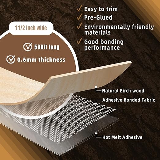 GSCIT Club Birch Edge Banding, 1 1/2 inch x 500ft roll of Wood Veneer Edge Banding Preglued Flexible, Wood Tape Banding for Cabinet Plywood