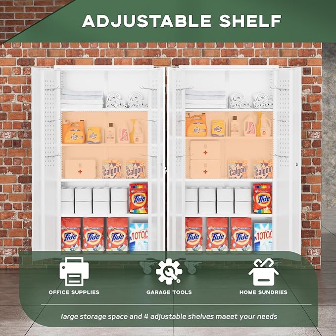 Greenvelly White Metal Storage Cabinet with Wheels and Pegboard, 72" Steel Garage rolling Cabinet with Doors and 4 Shelves, Tall Locking Cabinets Tool Lockable Storage Cabinets for Garage, Home Office