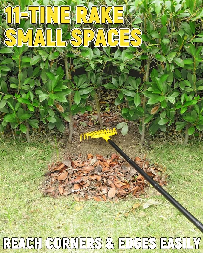 Garden Leaf Rake, 8.7” Wide Metal Rake with 11 Teeth, 59" Adjustable Long Handle, Heavy Duty Lightweight Leaf Rakes for Small Lawn Yard Shrub,Tight Spot Garden Bed Leaf Debris Picking Cleaning