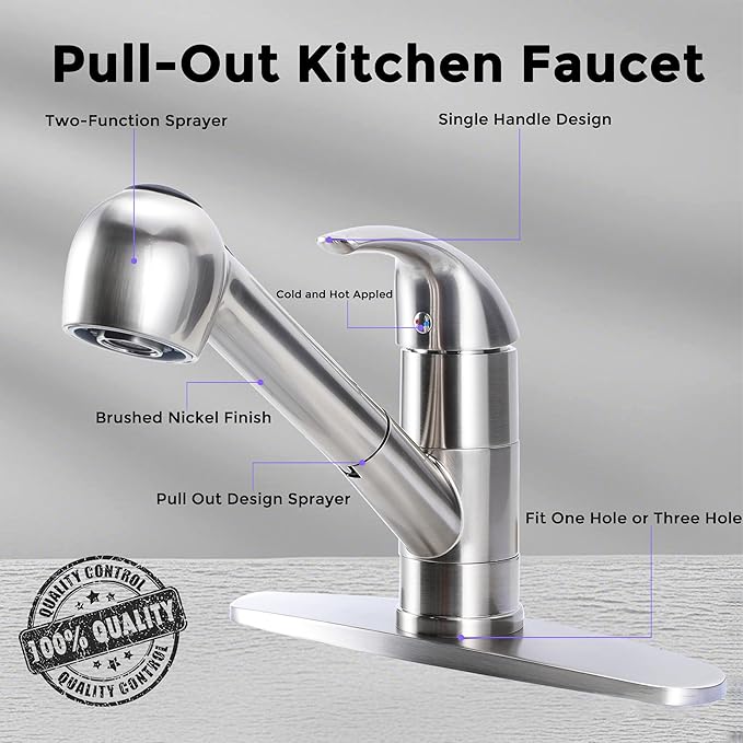 Comllen Commercial Pull Out Kitchen Faucet Brushed Nickel, Stainless Steel Single Handle Small Kitchen Sink Faucet, Single Hole Low Kitchen Faucets with Sprayer, Deck Plate