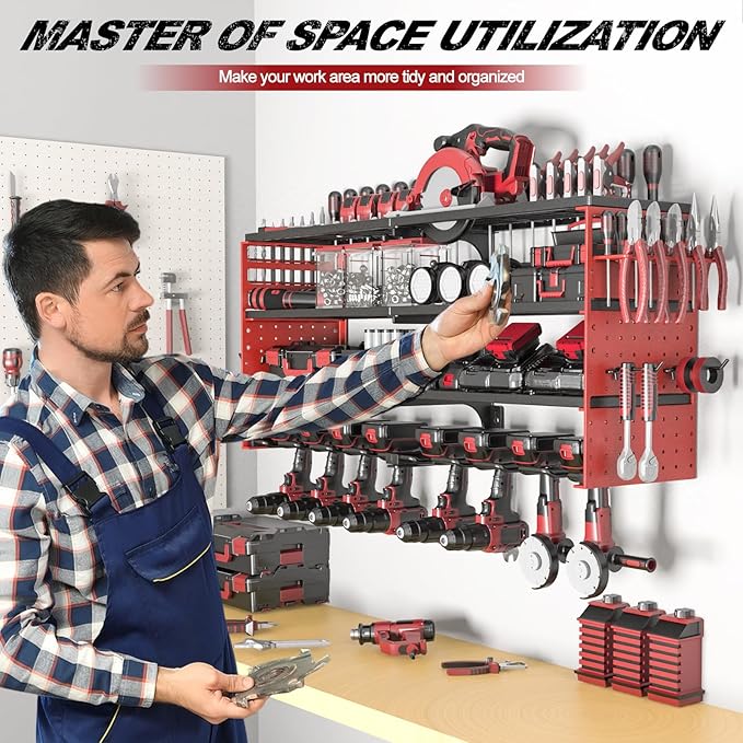 Power Tool Organizer Wall Mount, 4 Layer Heavy Duty Metal Tool Storage Rack, Power Tool Shelf Battery Storage with 8 Cordless Drill Holder，Utility Racks for Garage Workshop