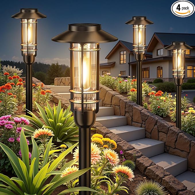 4 Pack Solar Pathway Lights Outdoor, Upgraded Bright Solar Powered Garden Light Outside, Waterproof Outdoor Lighting for Landscape Lawn Patio Yard Path Driveway Walkway Decor, Warm White