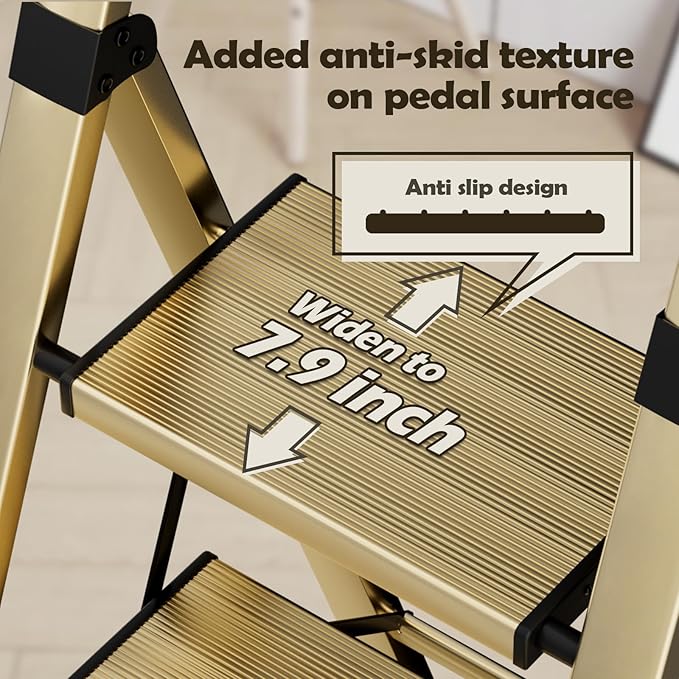 Taranta 4 Step Ladder, Portable Folding Ladder with Wide Pedal, Lightweight Aluminum Step Stool with Convenient Handgrip, 330 lbs Capacity Stepladder for Home, Office - Gold
