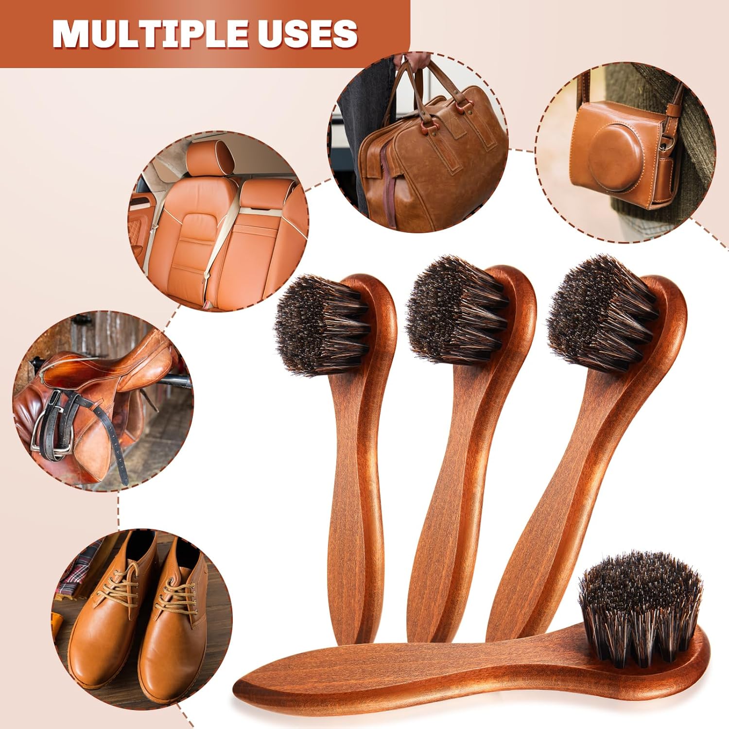 4 Pcs Horsehair Shine Shoes Brush Kit Polish Dauber Applicators Cleaning Leather Shoes Boots Care Brushes Suede Cleaner Brush with Microfiber Shoe Cloth(Brown Handle B)