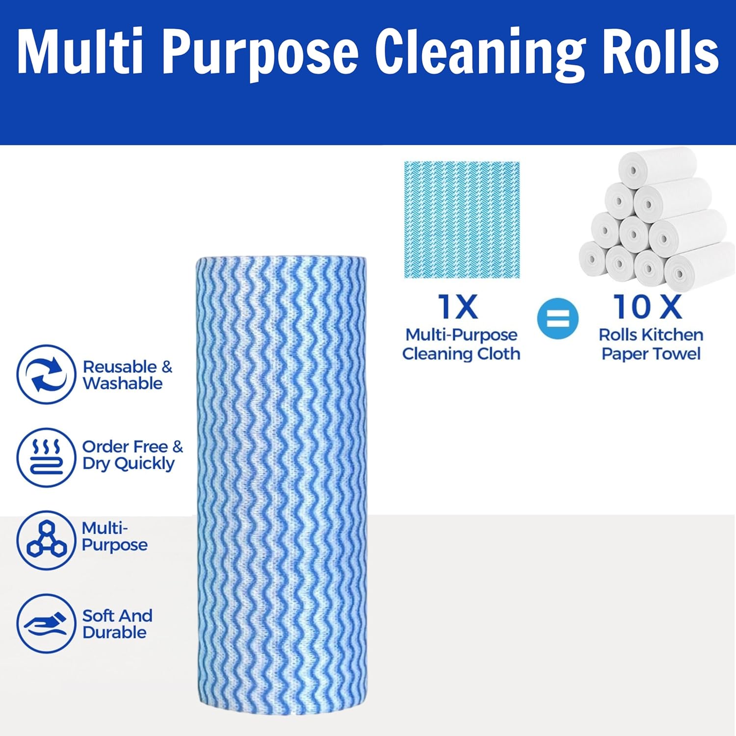 Reusable Cleaning Cloths Kitchen Paper Towels Washable Rolls Dish Cloths Dish Towels Handi Wipes,Quick Dry,Blue, 50 Ct/Roll,Total 4 Rolls
