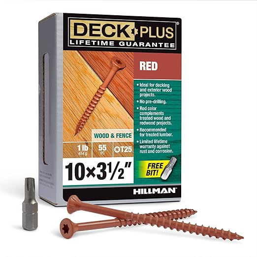 Deck Plus 3-1/2 Inch Epoxy Coated Exterior Wood and Fence Screws #10 x 3-1/2" Torx/Star Drive Included Coarse Thread, Outdoor Rust Resistant Decking Screw, Red, 1lb Box, 55 Pieces | 48435