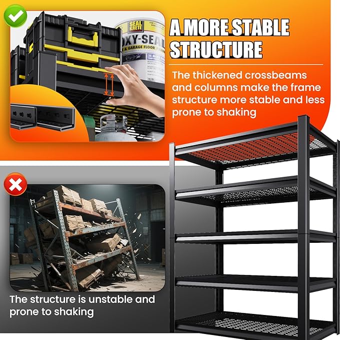 Large Garage Shelving, 5-Tier Garage Storage Shelves 3000LBS Heavy Duty Shelving Unit, Adjustable Steel Metal Shelving, Wire Shelves for Garag, Utility Rack Shelf for Basement, 81 ”H×46”W×19.7”D
