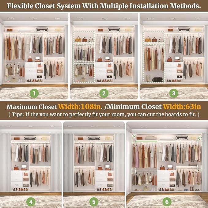 Aheaplus Closet System, Closet Organizer with 3 Wooden Drawers, 8FT Closet Organizer System, 96’’ Walk-in Closet Wardrobe Clothes Rack with Hanging Rods, Garment Rack, Fits 5.3-9 ft, -W3,White