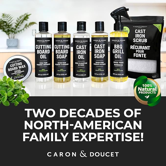 CARON & DOUCET – New Ultimate Cast Iron Set: Seasoning Oil, Cleaning Soap & Restoring Scrub | 100% Plant-Based & Best for Cleaning Care, Washing, Restoring & Seasoning Skillets, Pans & Grills!