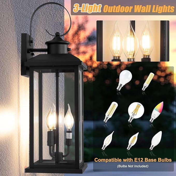 24" Dusk to Dawn Porch Lights Outdoor 3-Light, Black Modern Large Wall Light Fixture Lantern, Waterproof Exterior Lighting Sconce Wall Mount, Outside Lamp for Farmhouse Doorway Patio E12