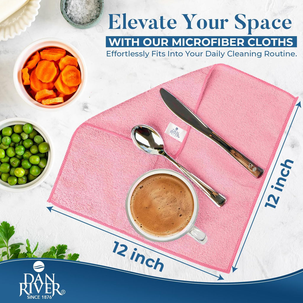 DAN RIVER 12-Pack Pink Microfiber Towels – Ultra Absorbent, Lint-Free & Streak-Free Kitchen Cleaning Cloths for Home, Car & Kitchen - Must-Have Cleaning Essentials - 12" x 12"