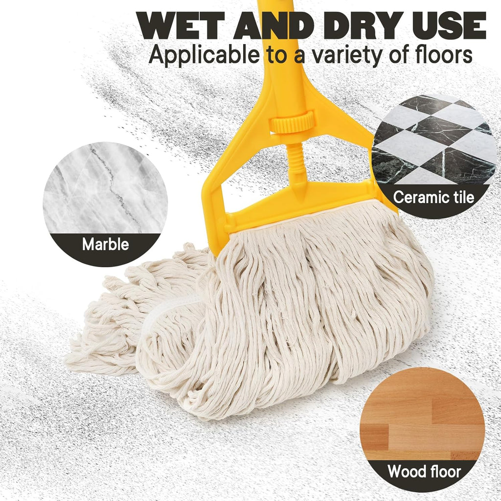 Yesland Mop with 2 Cotton Heads, Heavy Duty 61in Long Handle Looped-End String Wet Mops for Cleaning Office, Garage, Hardwood, Warehouse, Factory, Mall, Deck