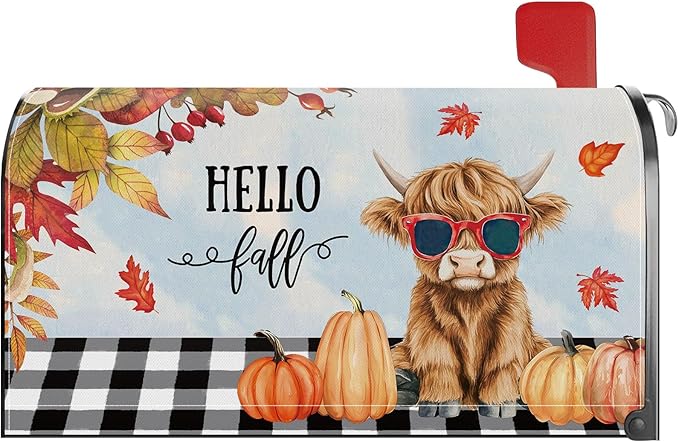 Fall Highland Cow Pumpkin Mailbox Cover Magnetic Standard Size 21x18 Inch Autumn Decorative Post Letter Box Wrap Decor Garden Yard Decoration