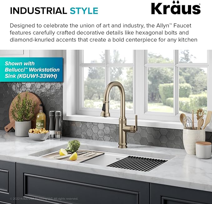 KRAUS Allyn Industrial Pull-Down Single Handle Kitchen Faucet in Spot-Free Antique Champagne Bronze, KPF-4102SFACB