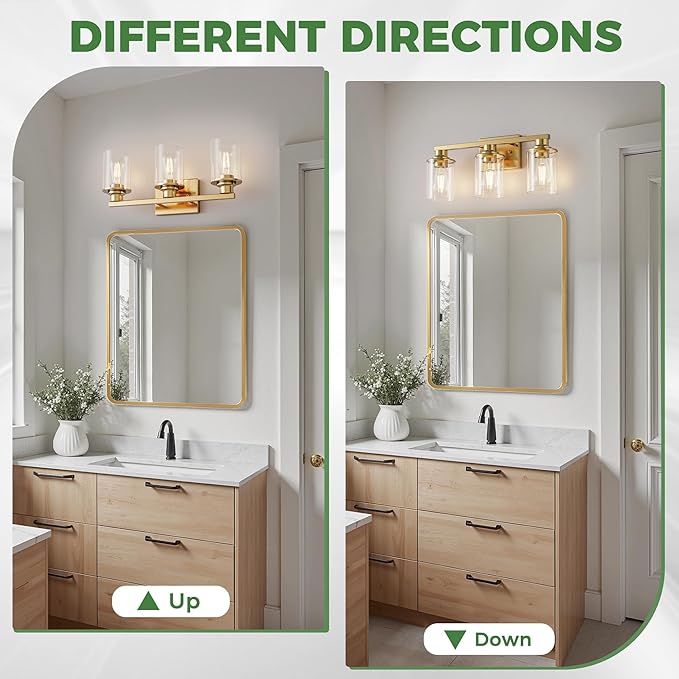 DORESshop 17 Inch Bathroom Light Fixtures, 3-Light Copper Bathroom Lighting Fixtures Over Mirror with Clear Glass Shade, Vanity Lights for Living Room Bedroom